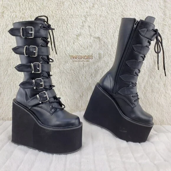 Swing 220 Multi Buckle Black Matte Leatherette Goth Mid-Calf Boot 5.5" Platforms - Picture 4 of 13